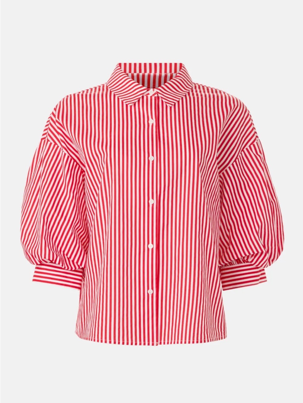 English Factory Red and White Striped Button-Up Shirt, Balloon Sleeves, Cotton
